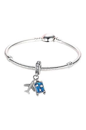 Uçak ve Mavi Bavul Charm | 925 Ayar Gümüş