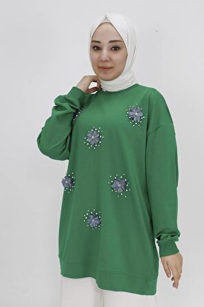 Taş ve Boncuk Detaylı İki İplik Sweatshirt