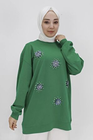 Taş ve Boncuk Detaylı İki İplik Sweatshirt