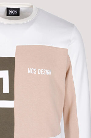 Erkek Sweatshirt Beyaz Monogram Desenli Logo Detaylı Relaxed Fit Crewneck NCS JEANS 1625