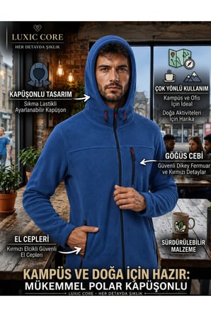 Luxic Core Kapüşonlu Fermuarlı 3 Cepli Erkek Polar Ceket Mavi 2XL