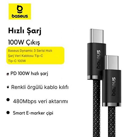 Baseus Süper Dayanıklı 1 Metre 100W Type C To Type C Şarj Kablosu, E-Marker Çipli, Akım Isı Korumalı