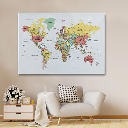 Harita Sepeti Türkçe Dünya Haritası Dekoratif Kanvas Tablo Son Derece Detaylı 1626