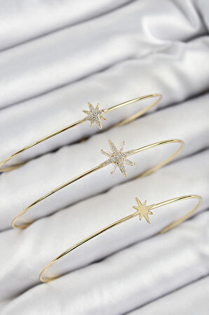 Pirinç Zirkon Taşlı Kutup Yıldızı Model Gold Renk Vip 3'lü Kadın Bileklik