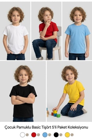 Çocuk T-shirt 5'li Paket Kırmızı-Beyaz-Siyah-Sarı-Mavi Pamuklu Likralı Tişört