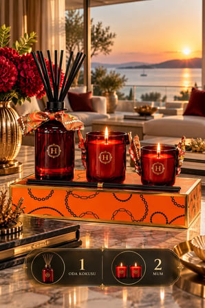 Haute Collection Amber Lüks Oda Kokusu ve 2’li Kokulu Mum Seti | Çubuklu Oda Parfümü ve Dekoratif Mu