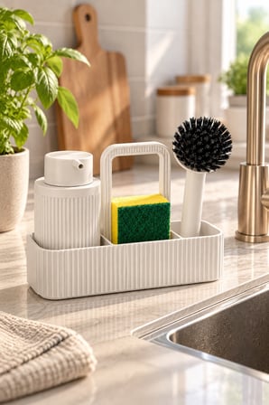 Mutfak Lavabo Düzenleyici Seti 24x8 cm – Deterjan Pompalı Süngerlik ve Bulaşık Fırçası Standı Krem R
