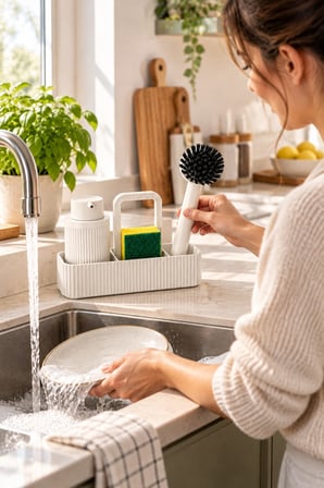 Mutfak Lavabo Düzenleyici Seti 24x8 cm – Deterjan Pompalı Süngerlik ve Bulaşık Fırçası Standı Krem R