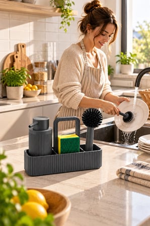 Antrasit Mutfak Lavabo Üstü Organizer Seti 24 cm Deterjanlık Süngerlik Bulaşık Fırçalık