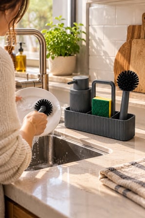 Antrasit Mutfak Lavabo Üstü Organizer Seti 24 cm Deterjanlık Süngerlik Bulaşık Fırçalık