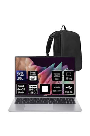 Aspire Lite Core Ultra 7 155U 64GB 256GB SSD 16" FHD+ W11P Dizüstü Bilgisayar AL16-53P