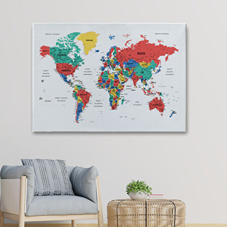 Harita Sepeti Türkçe Dünya Haritası Dekoratif Kanvas Tablo Son Derece Detaylı 1627