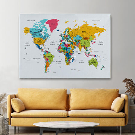 Harita Sepeti Türkçe Dünya Haritası Dekoratif Kanvas Tablo Son Derece Detaylı 1628