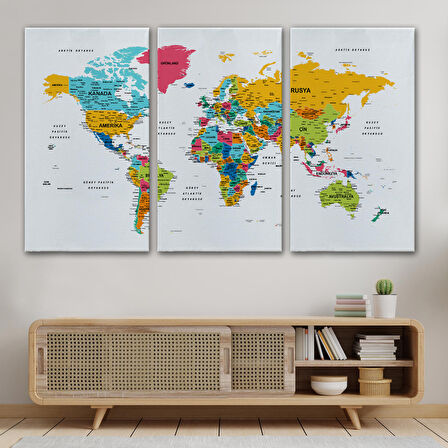 Harita Sepeti Türkçe Dünya Haritası Dekoratif Kanvas Tablo Son Derece Detaylı-1628