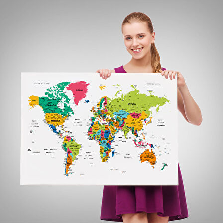 Harita Sepeti Türkçe Dünya Haritası Dekoratif Kanvas Tablo Son Derece Detaylı 1629