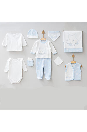 0-3 AY UNISEX HASTANE ÇIKIŞI MAVİ YILDIZLI AYICIK 10LU SET #162TT-MVİ