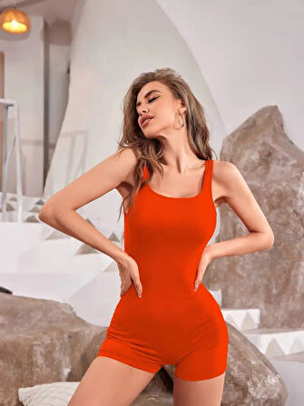 Kadın Kare Yaka Sırt Dekolte Detay Dalgıç Bodycon Mini Tulum