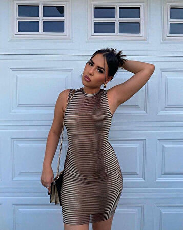 Kadın Kolsuz Desenli Mini Bodycon Dalgıç Elbise