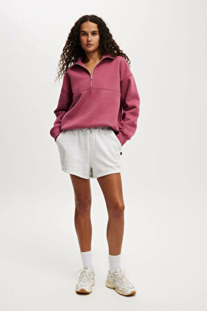 Oversize Yarım Farmuarlı Yakalı Basic SweatShirt - Gül Kurusu