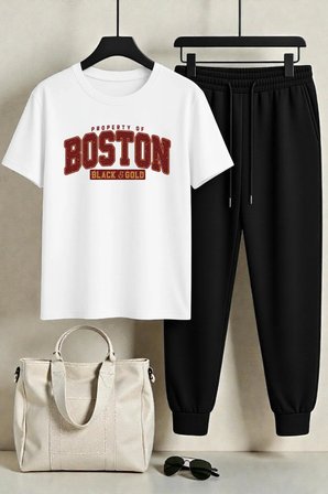 Unisex Boston Tasarım Baskılı Tişört - 2'li Eşofman Takımı