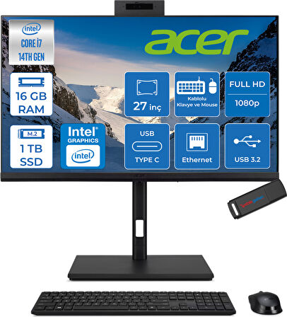 Acer Veriton 4000 VZ4727GT Intel Core I7 14700 16GB Ram 1tb SSD Freedos UHD Graphics 27" Yükseklik Ayarı, Pivot, Vesa Desteği Fullhd All In One Bilgisayar DQR23EM003F03 + Zetta Flash Bellek