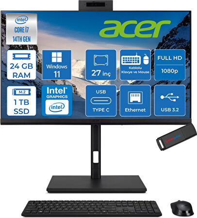 Acer Veriton 4000 VZ4727GT Intel Core I7 14700 24GB Ram 1tb SSD Windows 11 Home UHD Graphics 27" Yükseklik Ayarı, Pivot, Vesa Desteği Fullhd All In One Bilgisayar DQR23EM003H08 + Zetta Flash Bellek