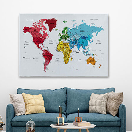 Harita Sepeti Türkçe Dünya Haritası Dekoratif Kanvas Tablo Son Derece Detaylı 1633