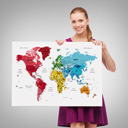 Harita Sepeti Türkçe Dünya Haritası Dekoratif Kanvas Tablo Son Derece Detaylı 1633