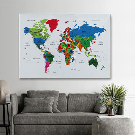 Harita Sepeti Türkçe Dünya Haritası Dekoratif Kanvas Tablo Son Derece Detaylı 1635