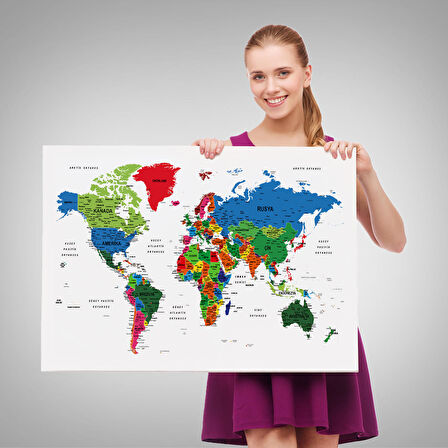 Harita Sepeti Türkçe Dünya Haritası Dekoratif Kanvas Tablo Son Derece Detaylı 1635