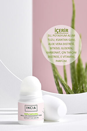 INCIA %100 Doğal Roll On Deodorant Hassas Ciltler İçin Ter Kokusu Önleyici Lekesiz 50 ml