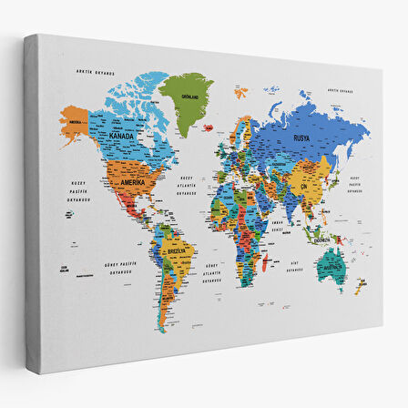Harita Sepeti Türkçe Dünya Haritası Dekoratif Kanvas Tablo Son Derece Detaylı 1637