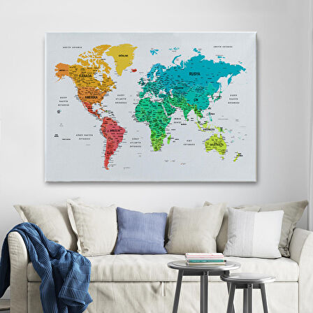 Harita Sepeti Türkçe Dünya Haritası Dekoratif Kanvas Tablo Son Derece Detaylı 1638