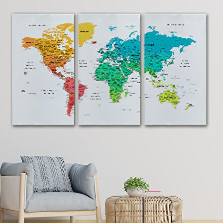 Harita Sepeti Türkçe Dünya Haritası Dekoratif Kanvas Tablo Son Derece Detaylı 1638