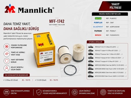 MFF-1742 164009757R RENAULT CLIO V/CAPTUR II/KANGOO III 1.5BLUE DCI (2019-)/ MERCEDES CITAN 112CDI (2021-) YAKIT FİLTRESİ