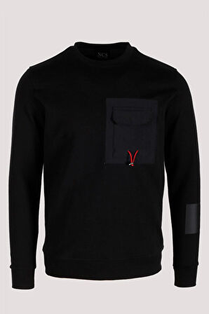 Erkek Sweatshirt Siyah Ön Cep Detaylı Relaxed Fit Double Face Crewneck NCS JEANS 1640