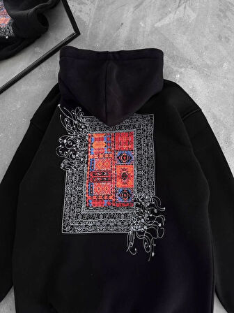 Uzun Kol Kapşonlu Ön Ve Arka Baskılı SweatShirt - Siyah