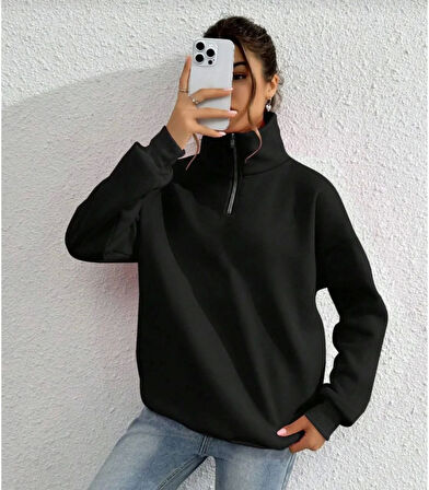 Unisex Uzun Kol Yarım Farmuarlı Yakalı Basic SweatShirt - Siyah