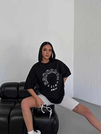 Unisex Bisiklet Yaka Baskılı Oversize T-Shirt - Siyah