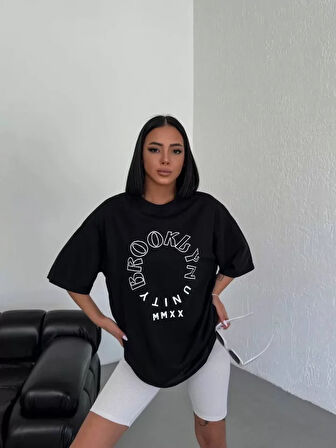 Unisex Bisiklet Yaka Baskılı Oversize T-Shirt - Siyah