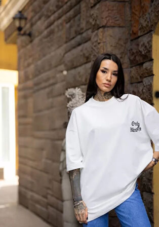 Unisex Bisiklet Yaka Baskılı Oversize T-Shirt - Siyah