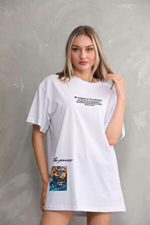 Unisex Bisiklet Yaka Baskılı Oversize T-Shirt - Beyaz