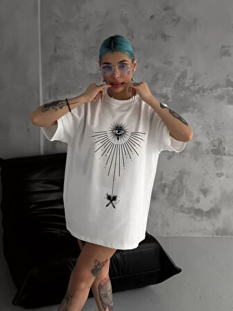 Unisex Bisiklet Yaka Baskılı Oversize T-Shirt - Beyaz