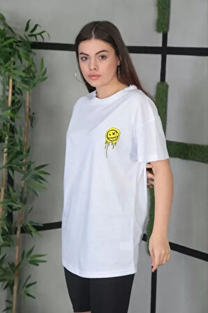 Unisex Bisiklet Yaka Baskılı Oversize T-Shirt - Beyaz