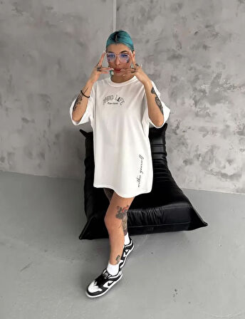 Unisex Baskılı Oversize T-Shirt - Beyaz