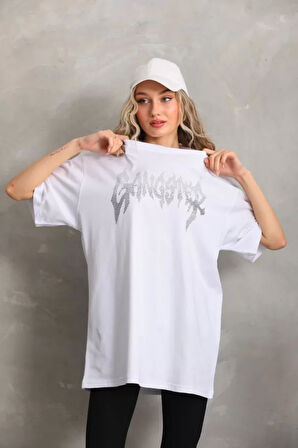 Unisex Taş Desenli Oversize T-Shirt - Beyaz