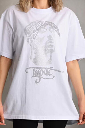 Unisex Taş Desenli Oversize T-Shirt - Beyaz