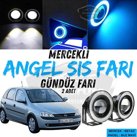 Opel Corsa C 2000-2006 Uyumlu Üniversal Mercekli Angel Sis Farı Metal Su Geçirmez 76 mm Buz Mavi Halkalı Gündüz Farı Angel Eyes 2 Adet