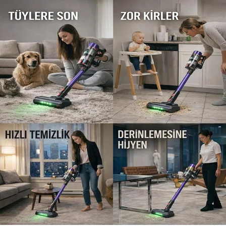 Kablosuz Dikey Süpürge 29.6V 2200mAh | LED Başlıklı | 3 Modlu Güçlü Emiş | HEPA Filtre | Şarjlı Süpürge