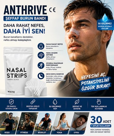Anthrive CE Onaylı Ekstra Güçlü Su Geçirmez Şeffaf Burun Bandı – Spor, Uyku ve Günlük Kullanım İçin Nefes Desteği | 30 Adet (1 Aylık Kullanım)